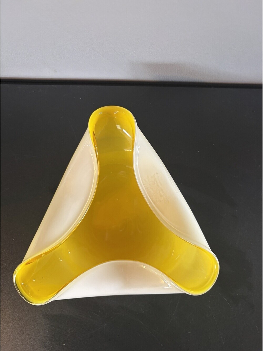Vtg Tricorn Art Glass Bowl: Yellow Interior Encased w/ Opaque White Glass RARE